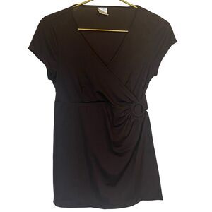 Maternity Wrap Top Faux Ring Detail Empire Medium Brown Stretch Knit V Neck✨